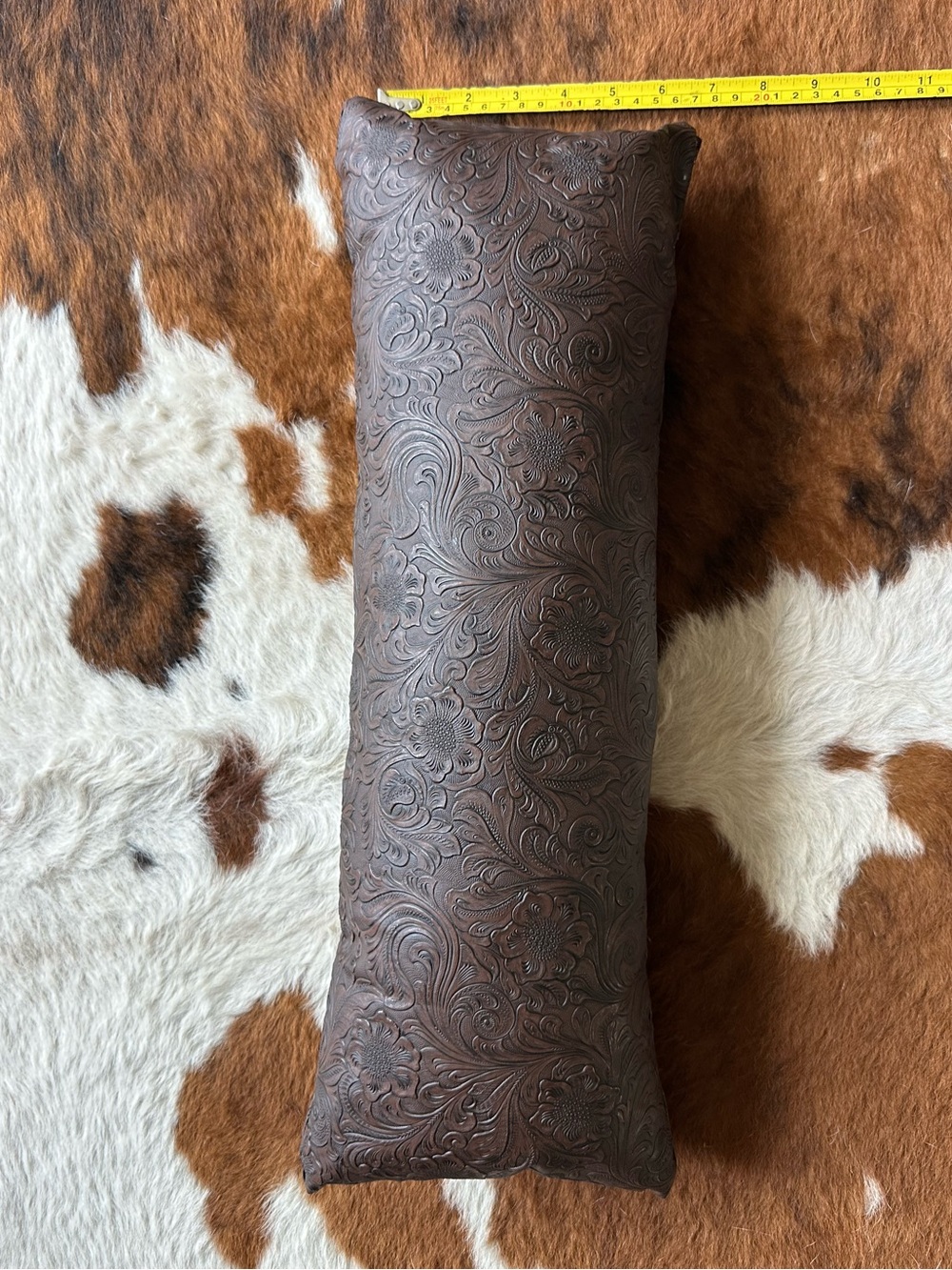 Tooled Floral Leather Lumbar Pillow - Dark Brown